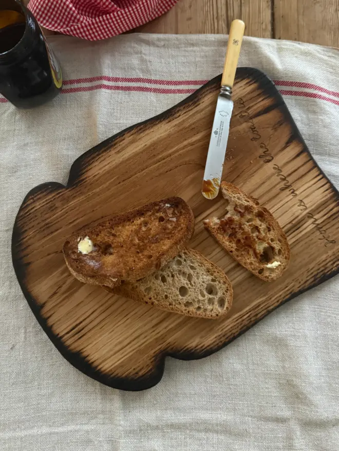 Large toast shaped bowed with toasts vintage knife and marmite 