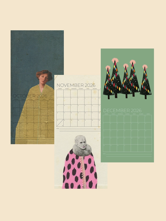 Three pages of a 2026 slim wall calendar.