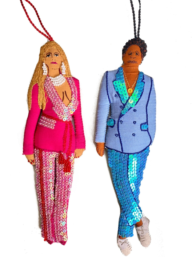 hand stitched Beyonce and Jay z in suits hanging decorations set