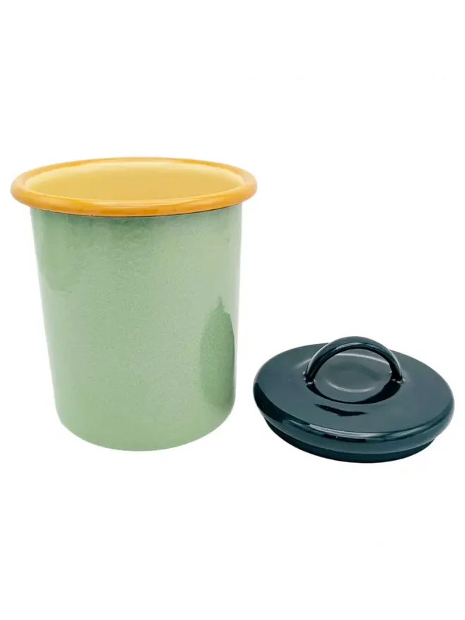 Enamel Storage Jar, a colourful enamel storage jar sitting on a plain white surface. 