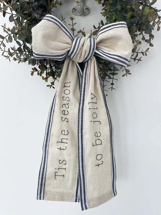 Christmas Embroidered Stripe Personalised Wreath Bow