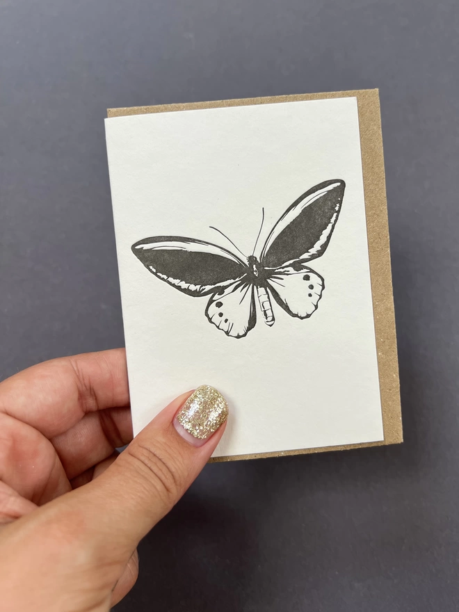 Little note card letterpress printed with the Birdwing butterfly design