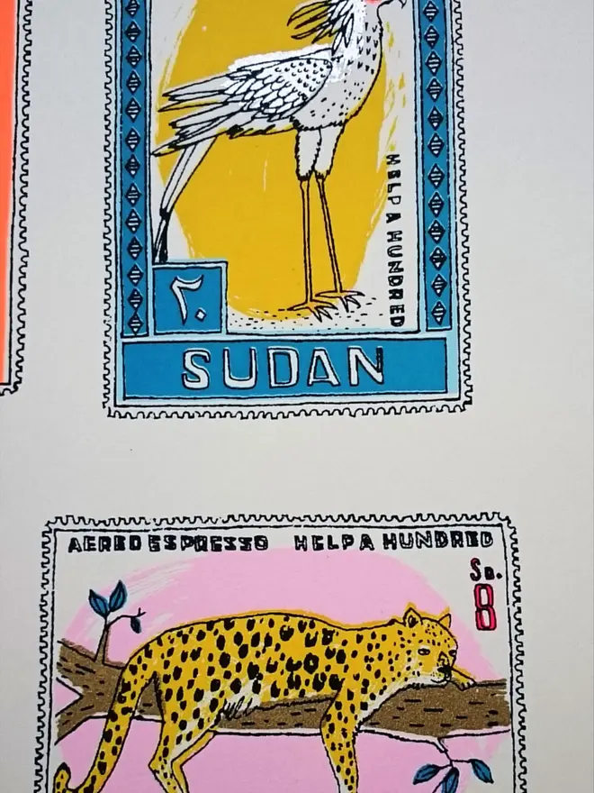 Animal Stamps Screenprint National Birds And Beasts, a set of colourful animal designs on a white screenprint. 