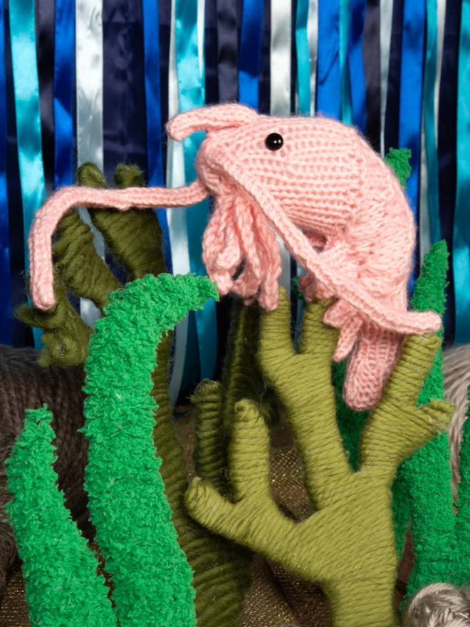 Shrimp Knitting Kit. A knitted shrimp.