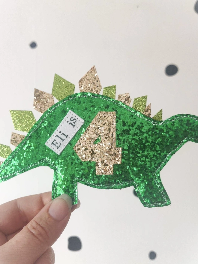 Personalised Glitter Dinosaur Birthday Badge. 