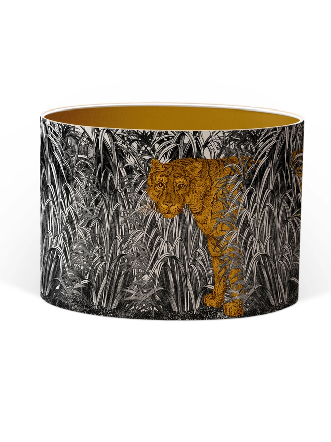 Mountain and Molehill – Tiger in leaves lampshade cut out gold inner