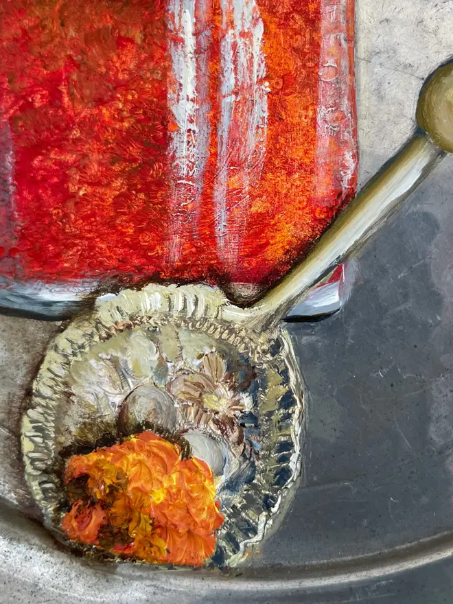 Zoom-in Oil Painted Spoon & Marmalade On Antique Pewter Plate.