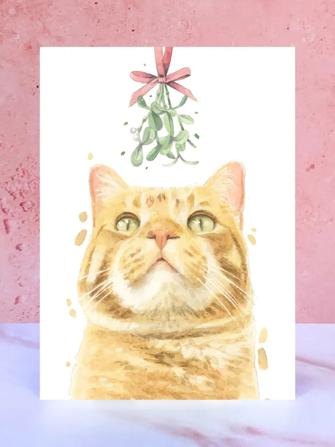 ginger tabby cat mistletoe christmas card