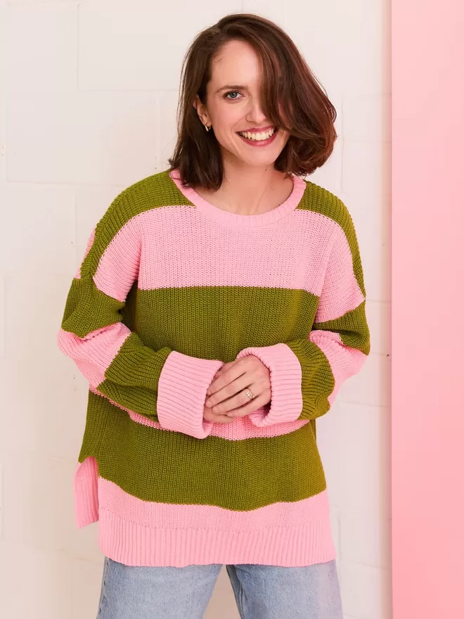 Rhiannon Recycled Cotton Mix Chunky Stripe Jumper - Pink - Front