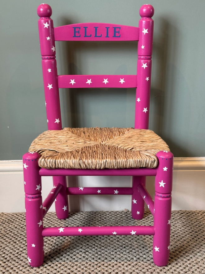 Ellie Chair. A dark pink chair patterned with white stars.