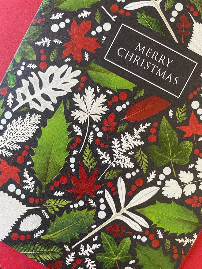 Close-Up of Christmas Card with Pressed Festive Foliage Design - Holly, Ivy - Red Envelope