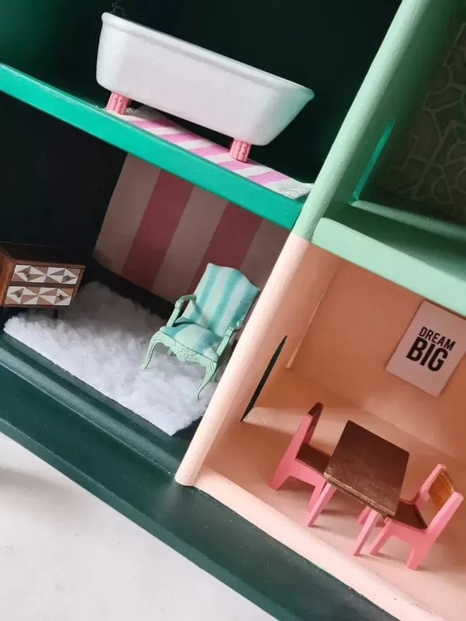 Unique hand-painted teal and pink dolls house and accessories by Chloe Kempster