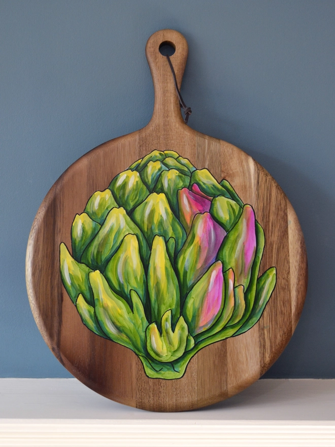 Wooden serving board with handpainted artichoke design