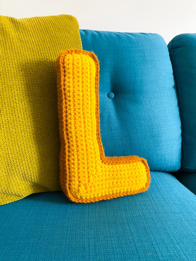 Crocheted L Cushion in Sunshine Yellow and Gold