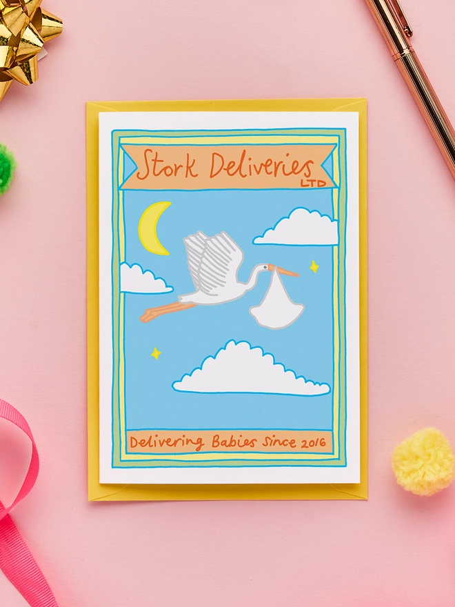 Cute New Baby Card Featuring a Stork In Flight