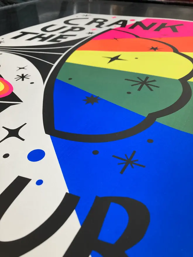 'Crank Up The Colour' Screenprint, a colourful screenprint that says 'crank up the colour' and depicts a record player. 