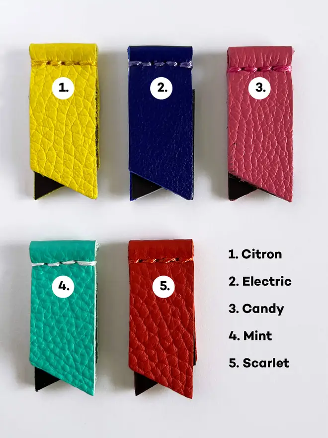 Leather  Magnetic Page Markers in different colours on white background
