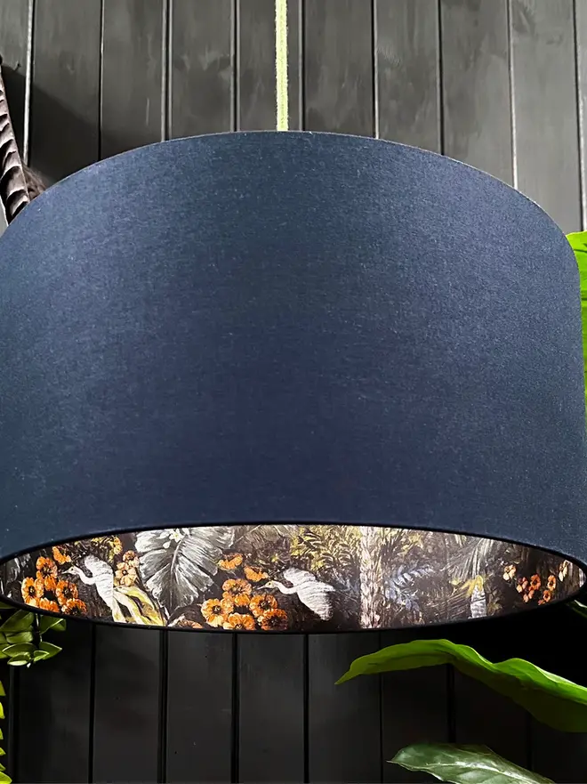 Midnight Flight of the Cranes lampshade with Deep Space Navy Blue cotton exterior