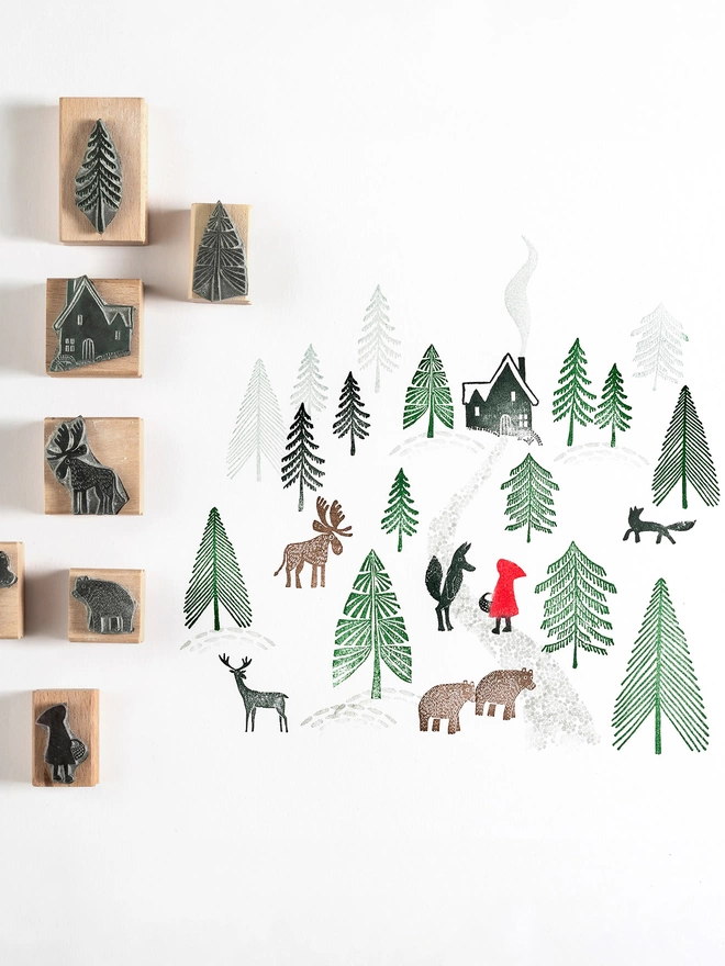 fir tree and little red riding hood stamps