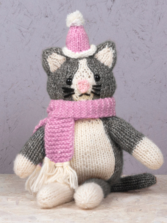 Cat in Knitwear Knitting Kit. A grey cat with pink knitwear.