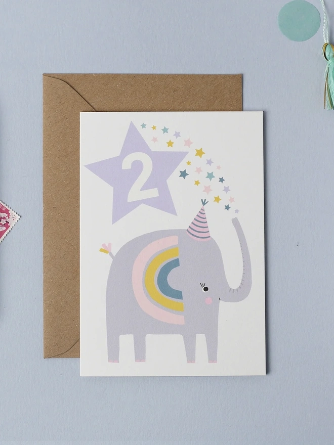 Elephant Purple Kid's Second Birthday Card