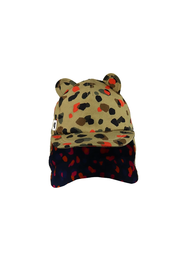 Kids sun baseball hat in leopard neutral print front flap down