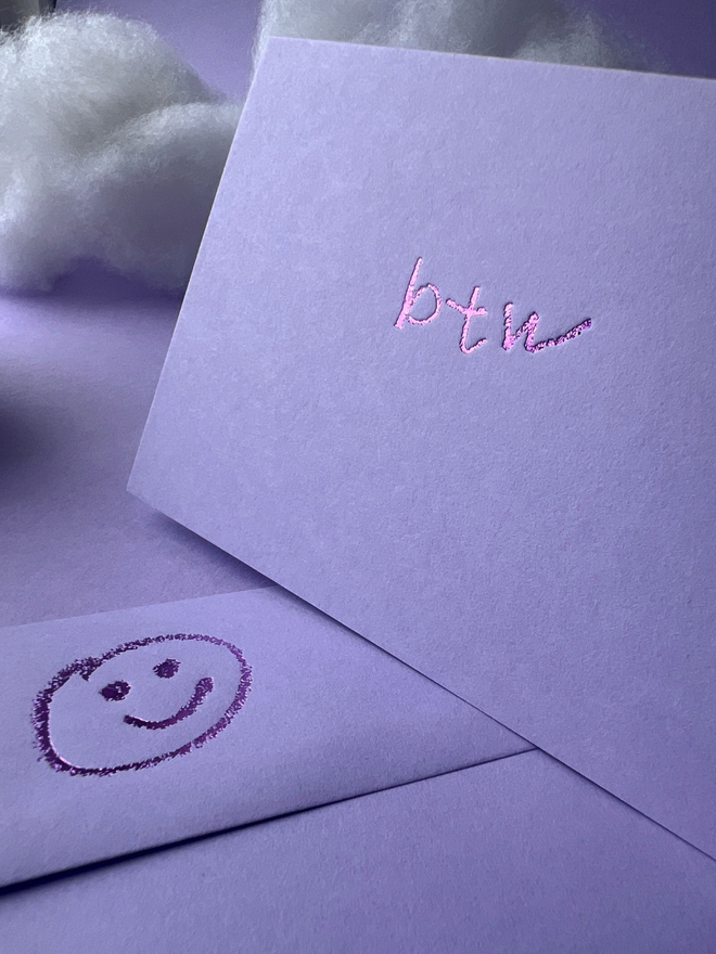 lavender coloured card with btw hand foiled in kids hand writing