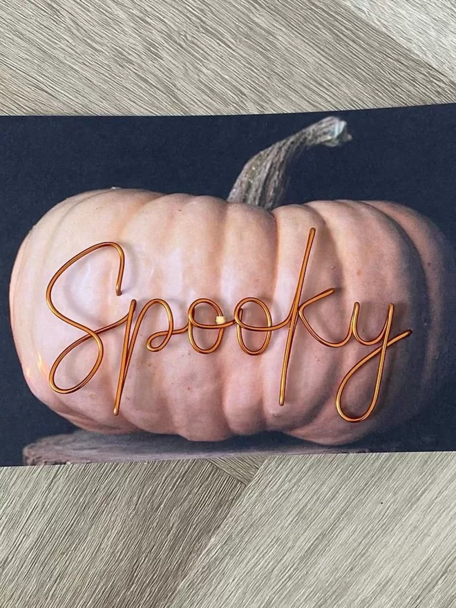 A halloween copper spooky sign seen in the packaging.