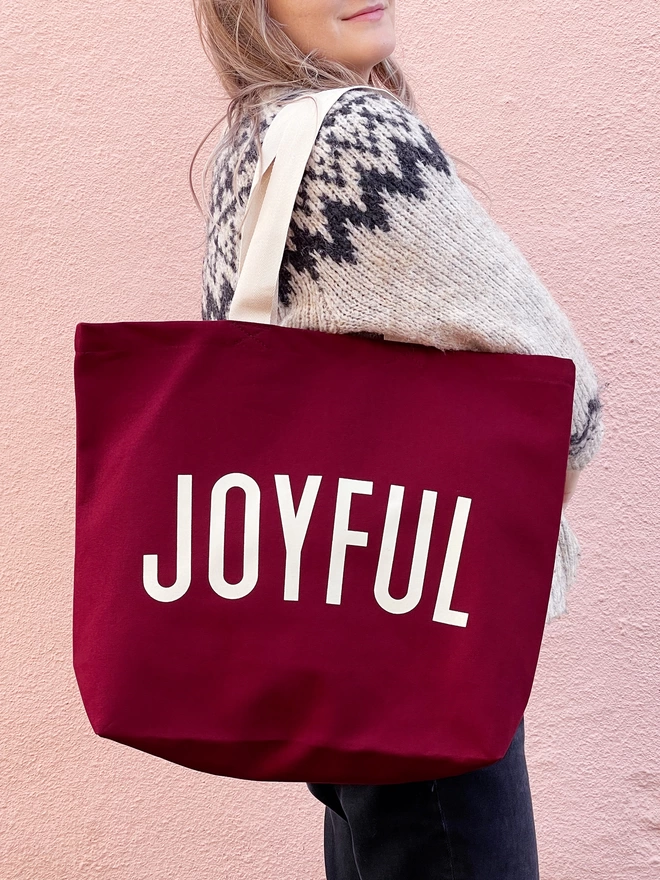 'Joyful' - Burgundy Canvas Tote Bag