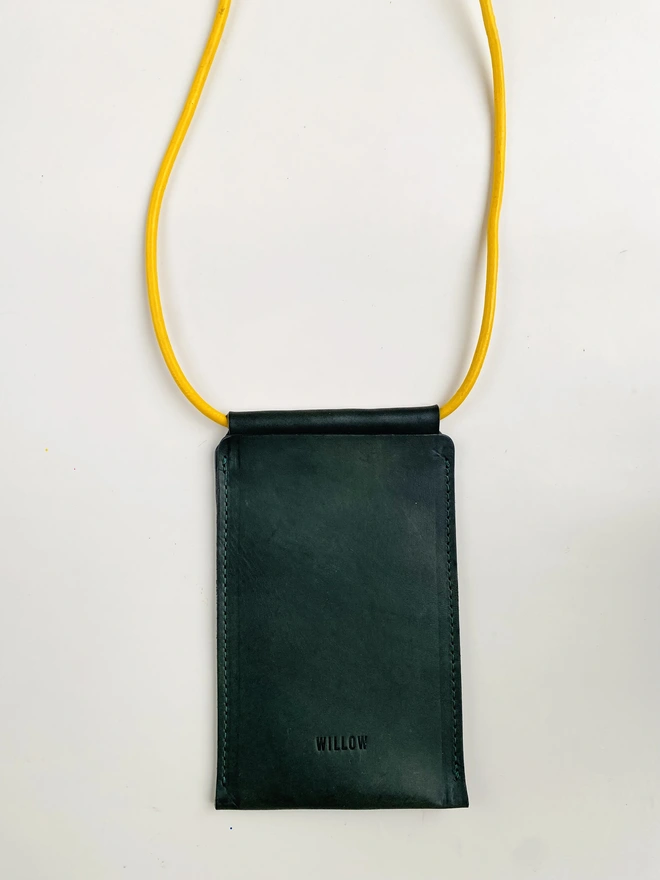 Leather phone bag with colourful strap