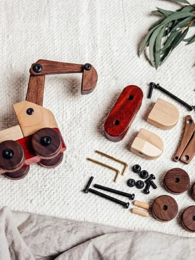 Walnut & Padauk Excavator Wood Heirloom Toy, dismantled. 