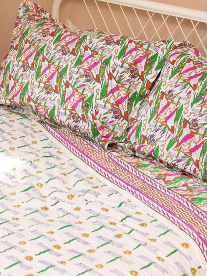 Indian Block Printed Pillowcase 'Kingfisher'