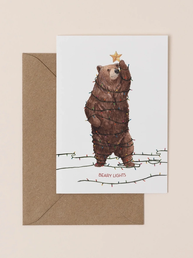 brown bear christmas lights card