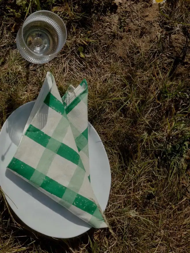 Green Gingham Napkin on a plate on grass