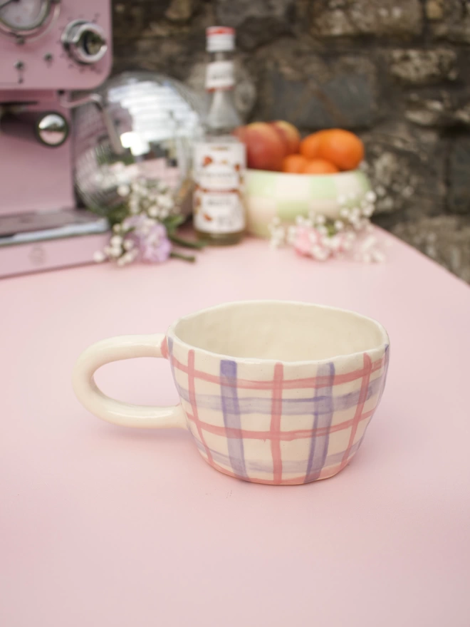 pink and purple gingham striped patterned stoneware pottery mug 