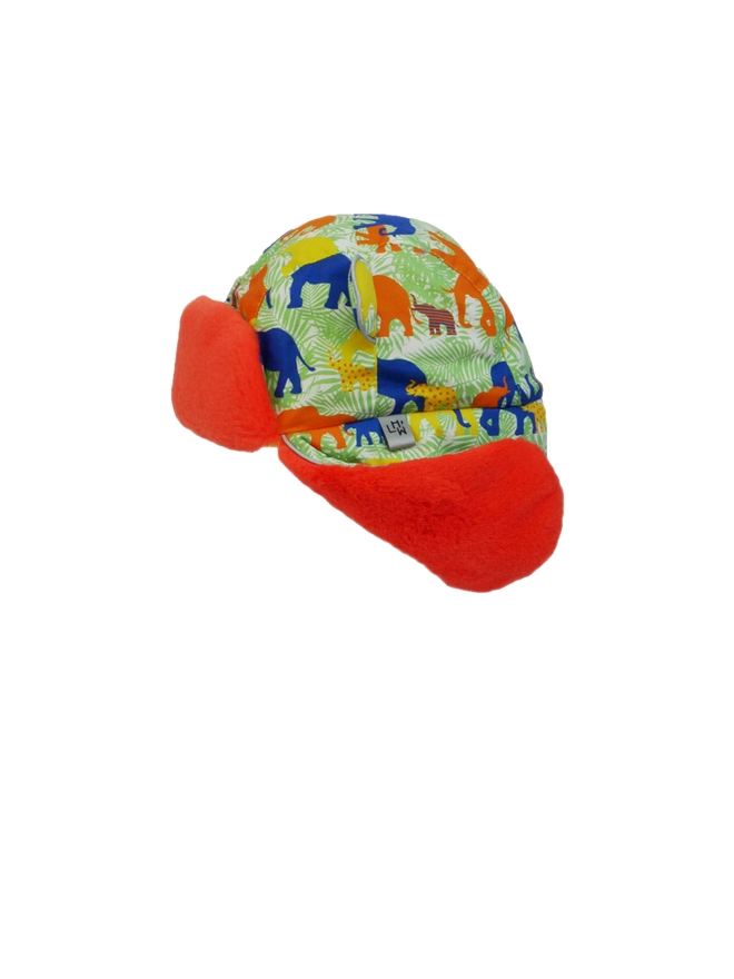 Kids winter trapper hat in elefolk print side
