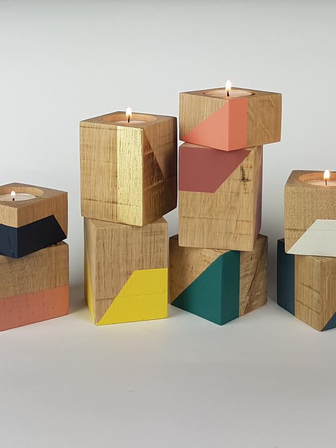 Tall Geometric Design Wooden Cube Candle