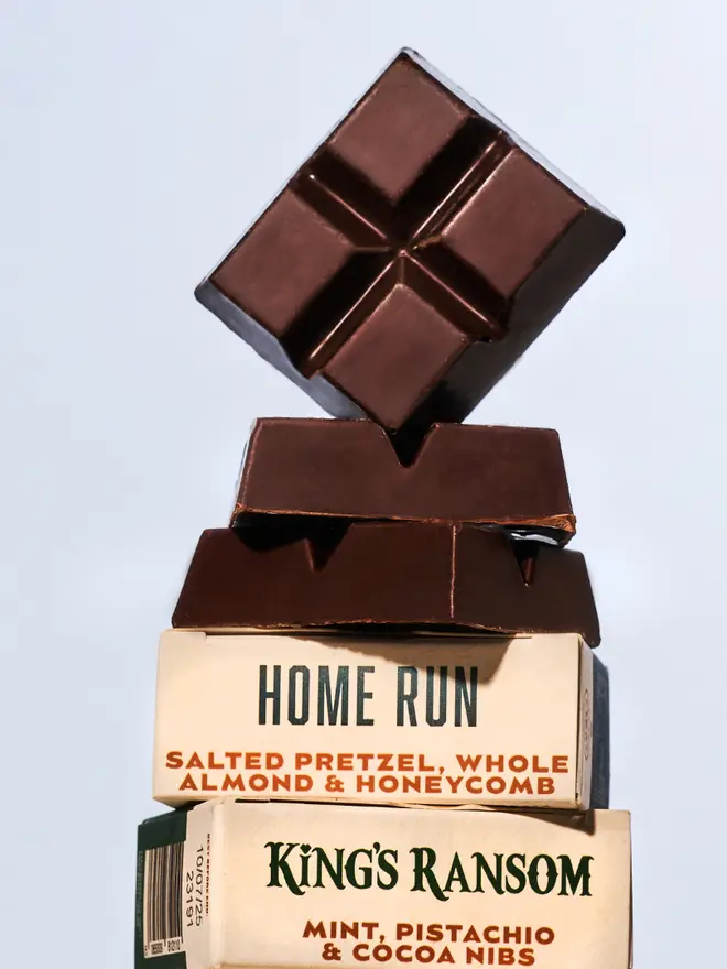 FATSO Foursome, mini 40g dark chocolate bar showing the chocolate and side of packaging.