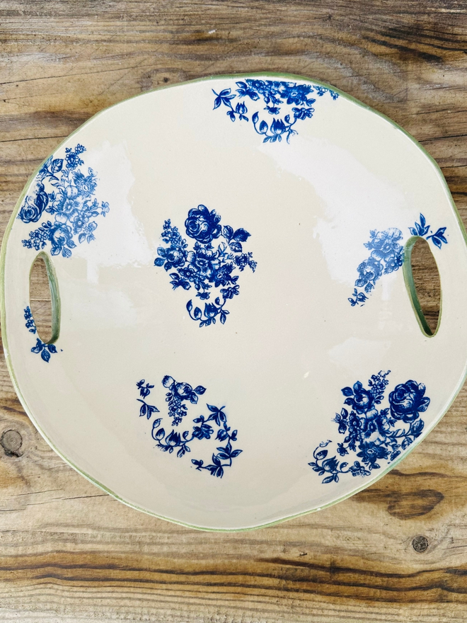 Floral White Ceramic Dish With Cut Out Handles