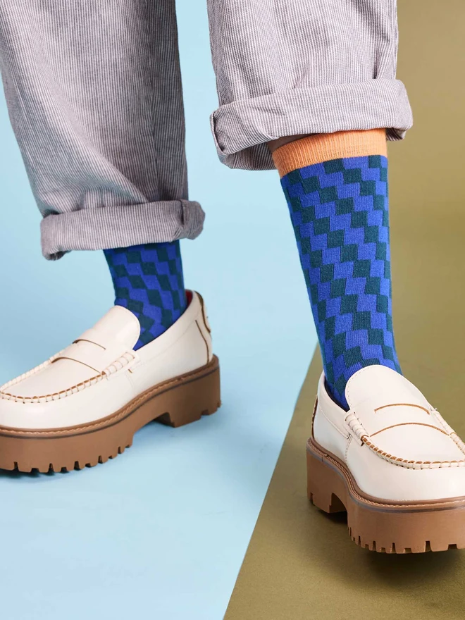 blue checked cotton socks modelled with chunky white shoes