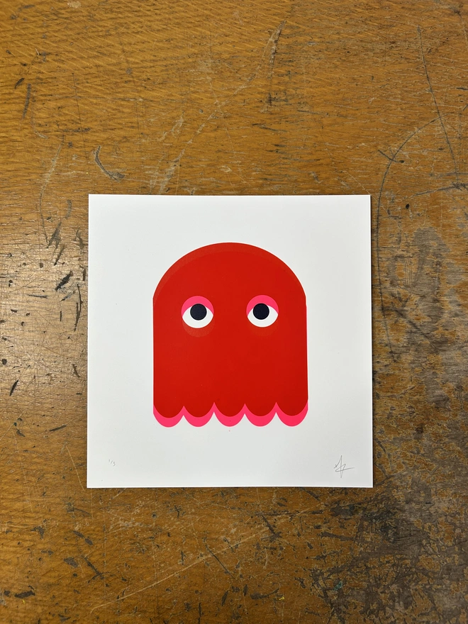 Red and Neon Pink Ghost Screen Printed, Retro Arcade Game inspired