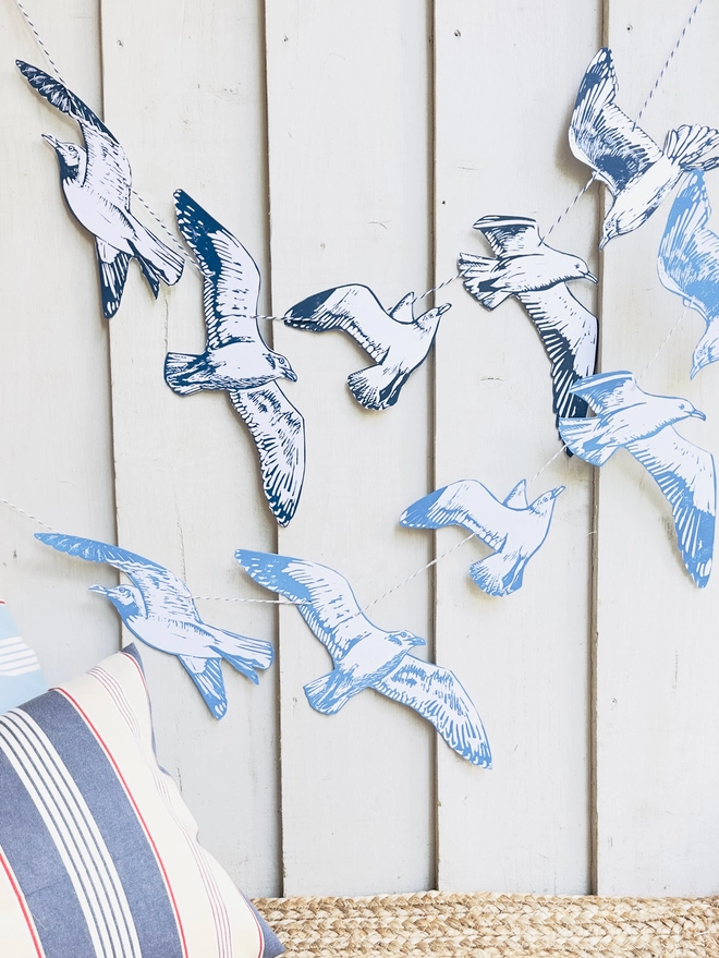 'Swooping Seagulls Of Joy' Hand Printed Bird Linocut Garland