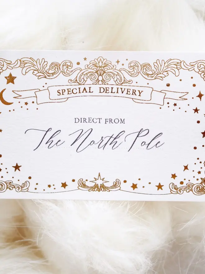 A close-up of a white "Special Delivery" Christmas notelet with an ornate gold foil border of scrolls, stars and a crescent moon, handwritten "Direct from The North Pole", resting on white faux fur.