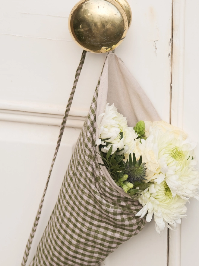 reusable linen flower bag for shopping and for gift giving