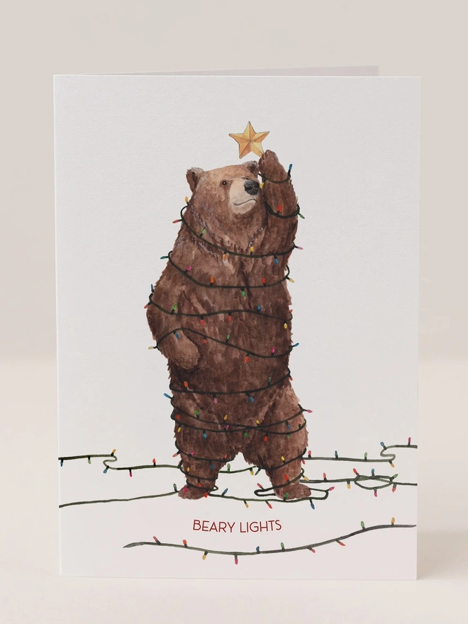 brown bear christmas lights card