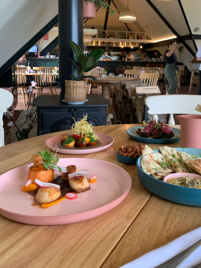 Dinner Plate. A natural coloured dinner plate with food.