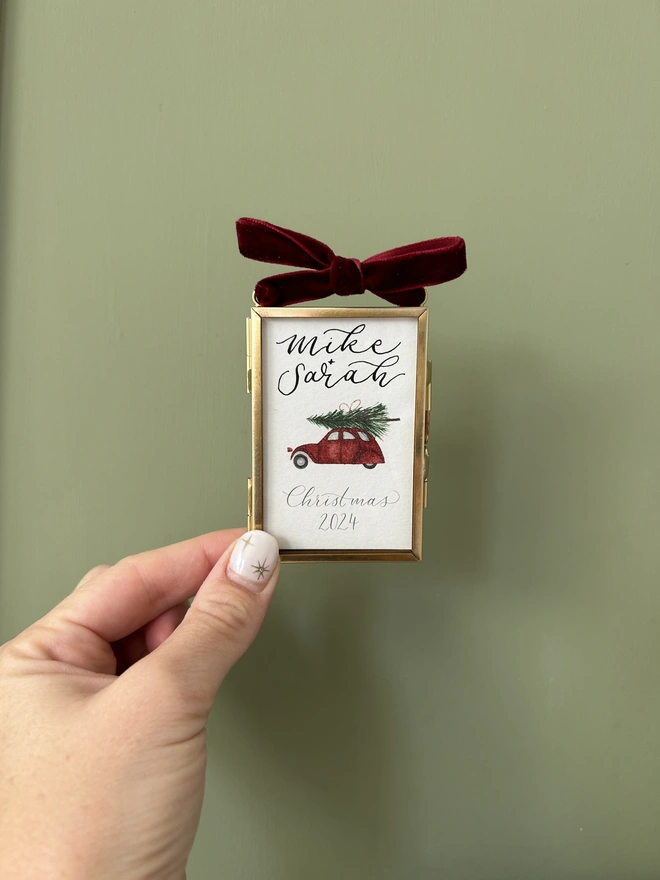 Personalised Mini Frame Christmas Tree Decoration with Car Illustration