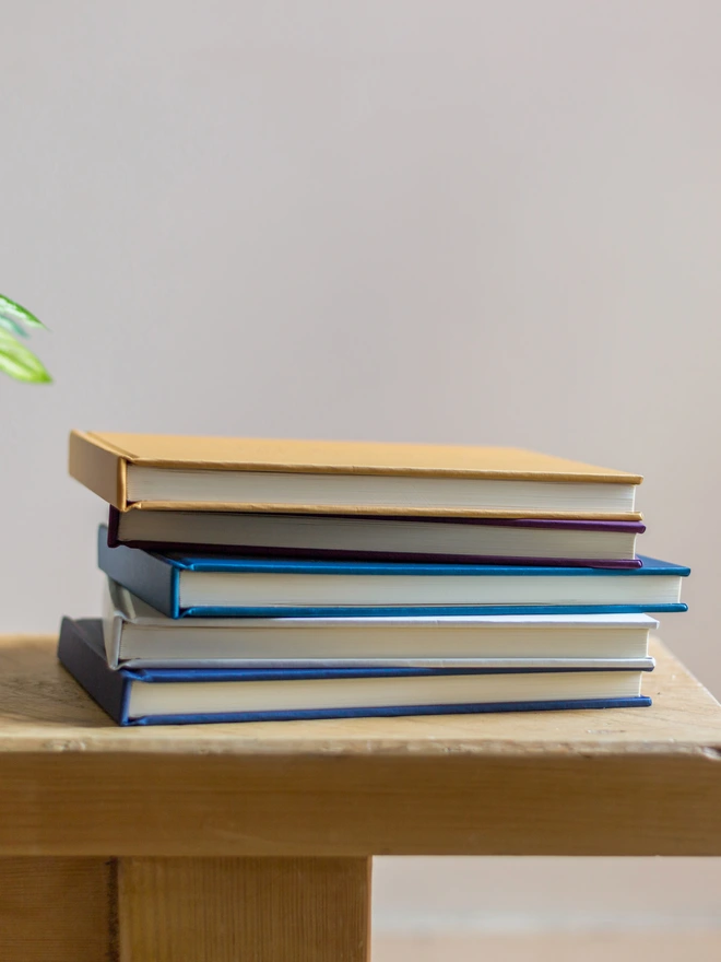on a bench there's a pile of five different guest books. You can see the spines