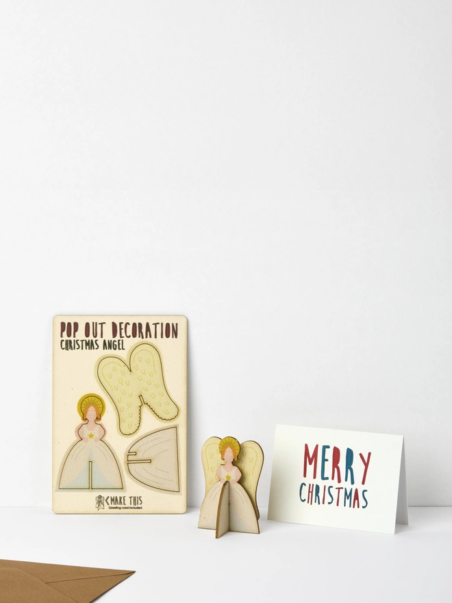Pop out laser-cut angel Christmas decoration and Merry Christmas card