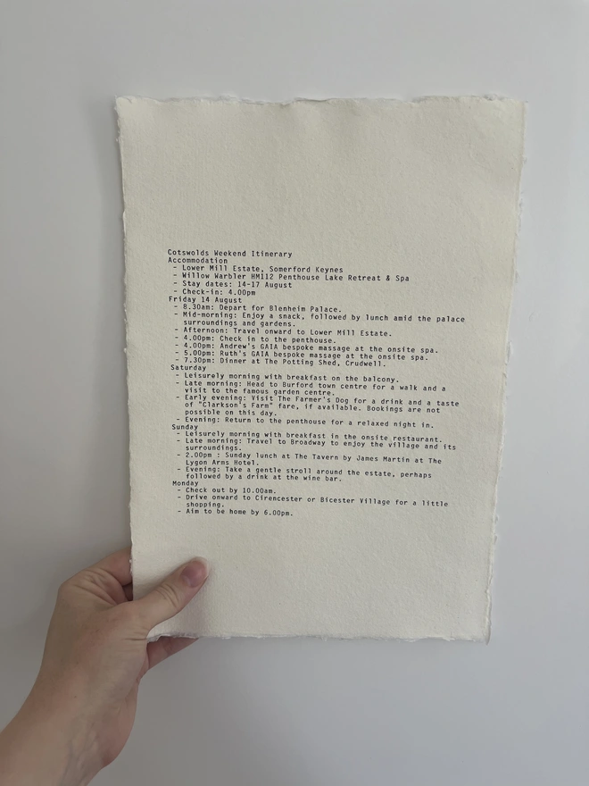 Antique vintage typewriter print hand typed onto cotton rag handmade deckled paper